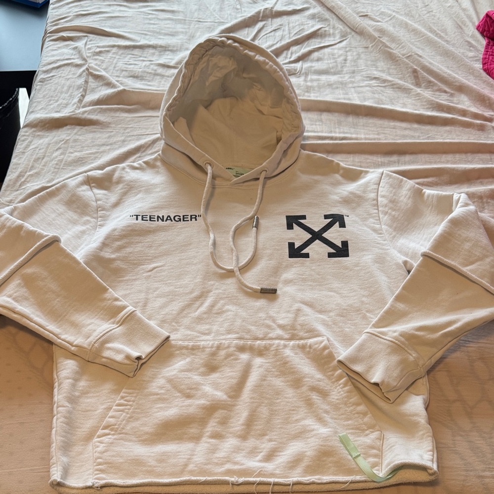 Off-White Cream Hoodie with Green Main Label